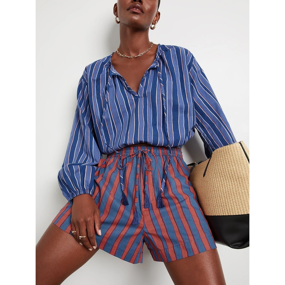 NATALIE MARTIN Amelia Top Batik Stripe Navy Cotton Tassel Tie Blouse Top Small